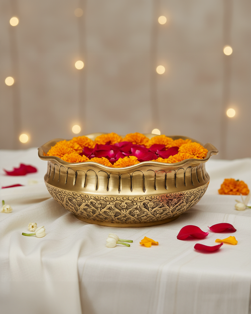 Engraved Metal Urli Bowl with Wavy Edge