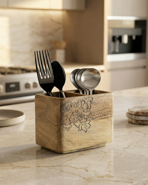 Rustic Wooden Cutlery Holder Organizer