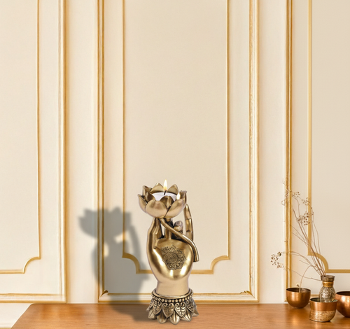 Golden Lotus Hand Tealight Holder Statue