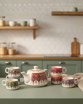 Hand-Painted Ceramic Tea Set: Vibrant Motif Kettle & Cups