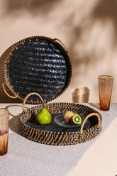 Alamkari India Cane Black Round Tray with High Handle