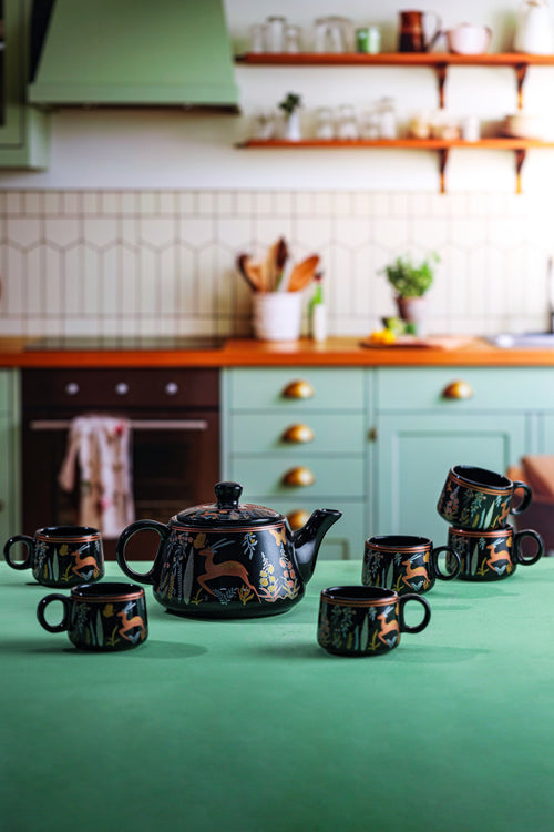 Alamkari India Ceramic Black Embellished Tea Pot Set