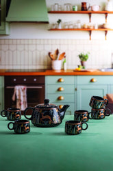 Alamkari India Ceramic Black Embellished Tea Pot Set