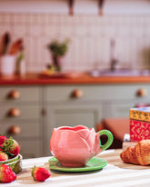 Alamkari India Ceramic Blooming Pink Tulip Cup and Saucer Set