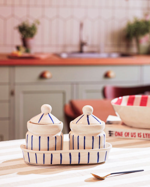 Alamkari India Ceramic Blue Stripe Ceramic Pickle Jar Set