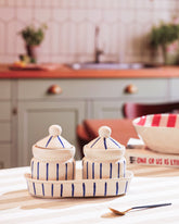 Alamkari India Ceramic Blue Stripe Ceramic Pickle Jar Set