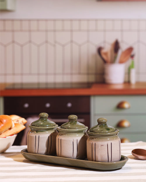 Alamkari India Ceramic Earthy Glaze Ceramic 3 Jar Set with Tray