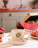 Alamkari India Ceramic Evil Eye Mug & Dessert Plate Combo cup saucer set