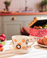 Alamkari India Ceramic Golden Bloom Handcrafted Cup Saucer Set