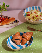 Alamkari India Ceramic Hand-Painted Aqua Striped Ceramic Oval Bowl