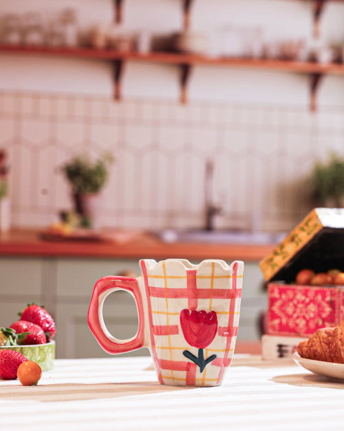 Alamkari India Ceramic Hand-Painted Pink Gingham Tulip Mug