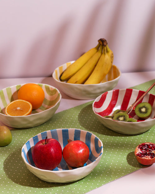 Alamkari India Ceramic Hand-Painted Striped Ceramic Bowl Set