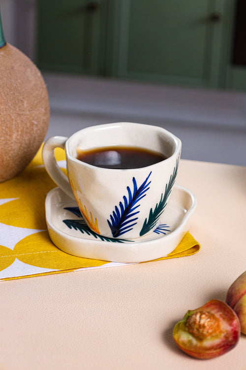 Alamkari India Ceramic Leafy Design Cup & Saucer Set