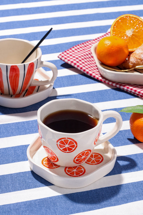 Alamkari India Ceramic Orange squuze Cuo & Saucer set