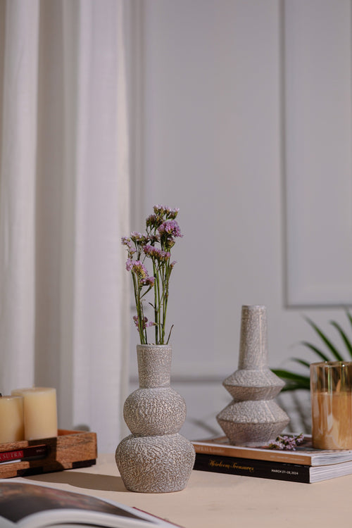 Alamkari India Ceramic Ribbed Textured White Vase - set of 2