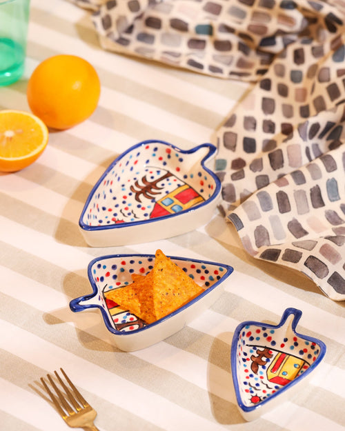 Alamkari India Ceramic Whimsical Village Hand-Painted Platter Set