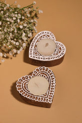Alamkari India Heart Block Print Wooden Tealight Holder