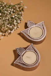 Alamkari India Lotus Block Print Wooden Tealight Holder