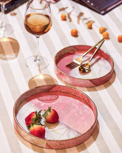 Alamkari India MDF Wood Blush Marble Serving Tray Set