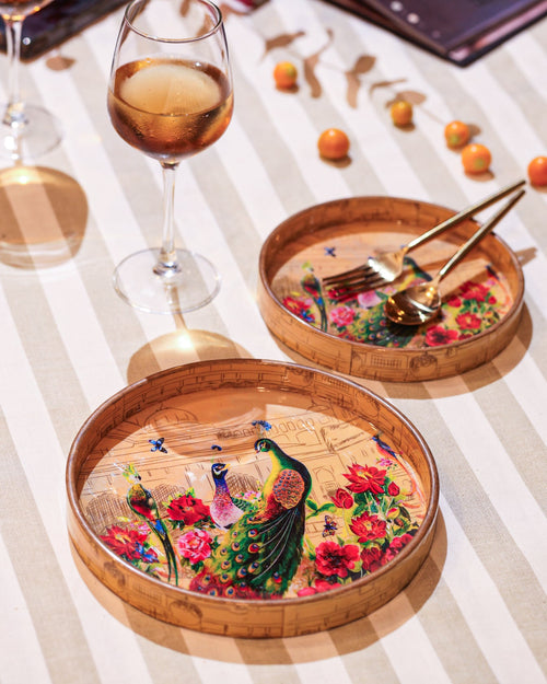 Alamkari India MDF Wood Peacock Garden Serving Tray Set
