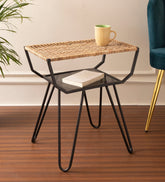 Alamkari India Metal / Rattan Rattan Top Rectangular Side Table with Iron Frame