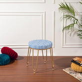 Alamkari India Metal / Velvet Striped Blue Round Stool with Gold Legs