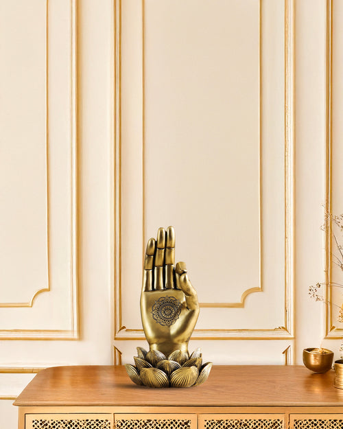 Alamkari India Polyresin Decorative Golden Buddha Lotus Palm Showpiece