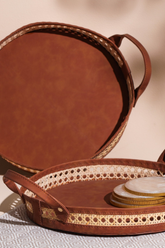 Alamkari India Rattan Hand-woven Round Rattan Cane Storage Tray with Handle