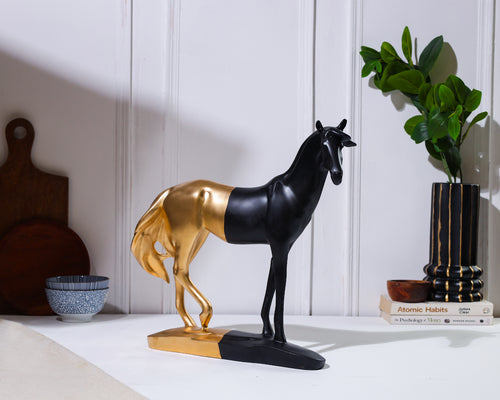 Alamkari India Resin Black and Gold Horse Sculpture