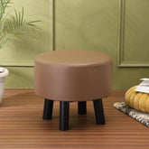 Alamkari India Wood / Faux leather Faux Leather Brown Round Ottoman Stool with Black Legs