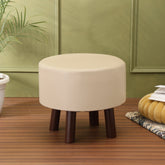 Alamkari India Wood / Faux leather Faux Leather Cream Round Ottoman Stool with Brown Legs