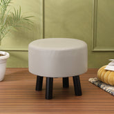Alamkari India Wood / Faux leather Faux Leather Light Grey Round Ottoman Stool with Black Legs