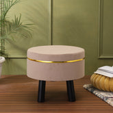 Alamkari India Wood / Velvet Beige Velvet Round Ottoman Stool with Gold Trim & Black Legs