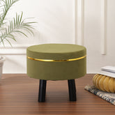 Alamkari India Wood / Velvet Velvet Olive Green Round Ottoman Stool with Gold Trim & Black Legs