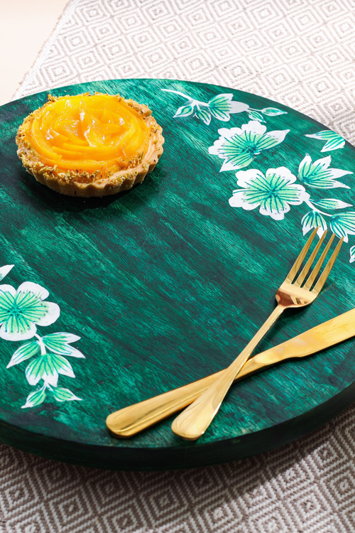 Alamkari India Wooden Handpainted Floral 360 Rotating Wooden Platter
