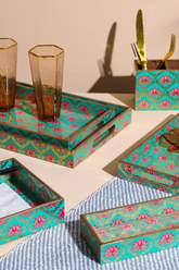 Alamkari India Wooden Lotus Print Set of 4 Tray