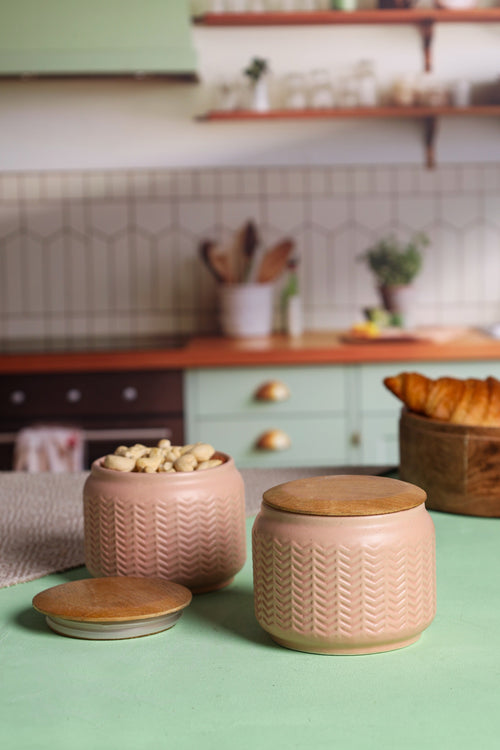 Alamkari India Zig Zag Patterned Ceramic Jars with Wooden Lids