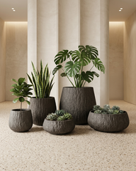 Terra Bark Textured Fiberglass Planter Collection – Charcoal Earth Finish
