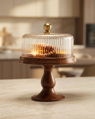 Fluted Glass Cloche with Wooden Pedestal Stand