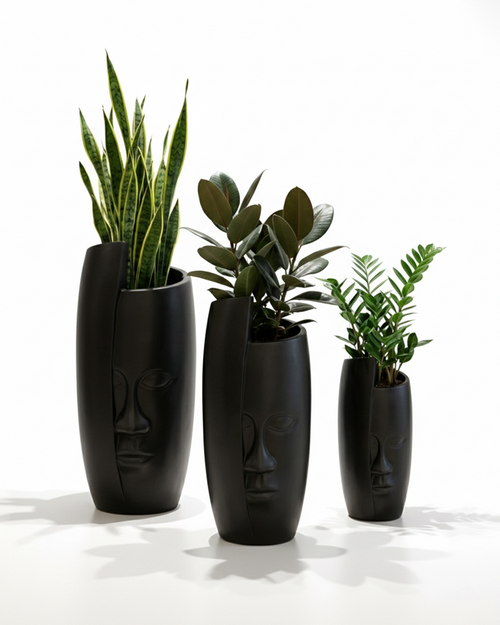 Face Fiberglass Planter – Matte Black
