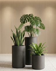 Olive Cylindrical Fiberglass Planter Set – Matte Charcoal Finish