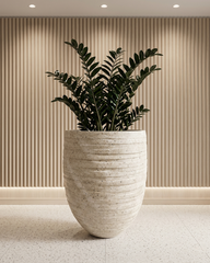 Elara Curved Ribbed Fiberglass Planter – Ivory Stone Textured Finish