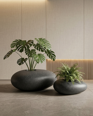 Luna Pebble Fiberglass Planter Set – Matte Charcoal Stone Finish