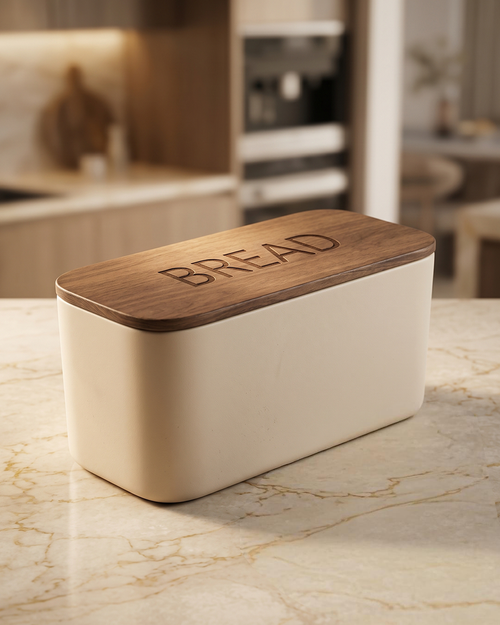 Metal Bread Box with Wooden Lid