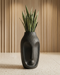 Aura Face Sculpt Fiberglass Planter – Matte Black Textured Finish