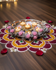 Artificial Pink Rose Floral Tealight Holder Platter