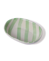 Hand-Painted Green Striped Ceramic Oval Bowl