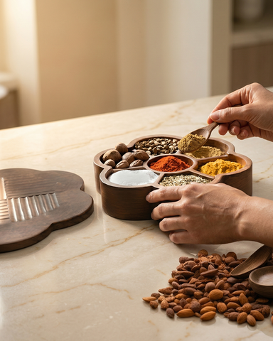 Wooden Masala Box – Traditional Spice Storage Organizer – Alamkari