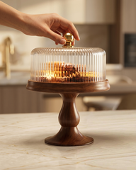 Fluted Glass Cloche with Wooden Pedestal Stand
