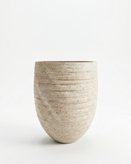 Elara Curved Ribbed Fiberglass Planter – Ivory Stone Textured Finish